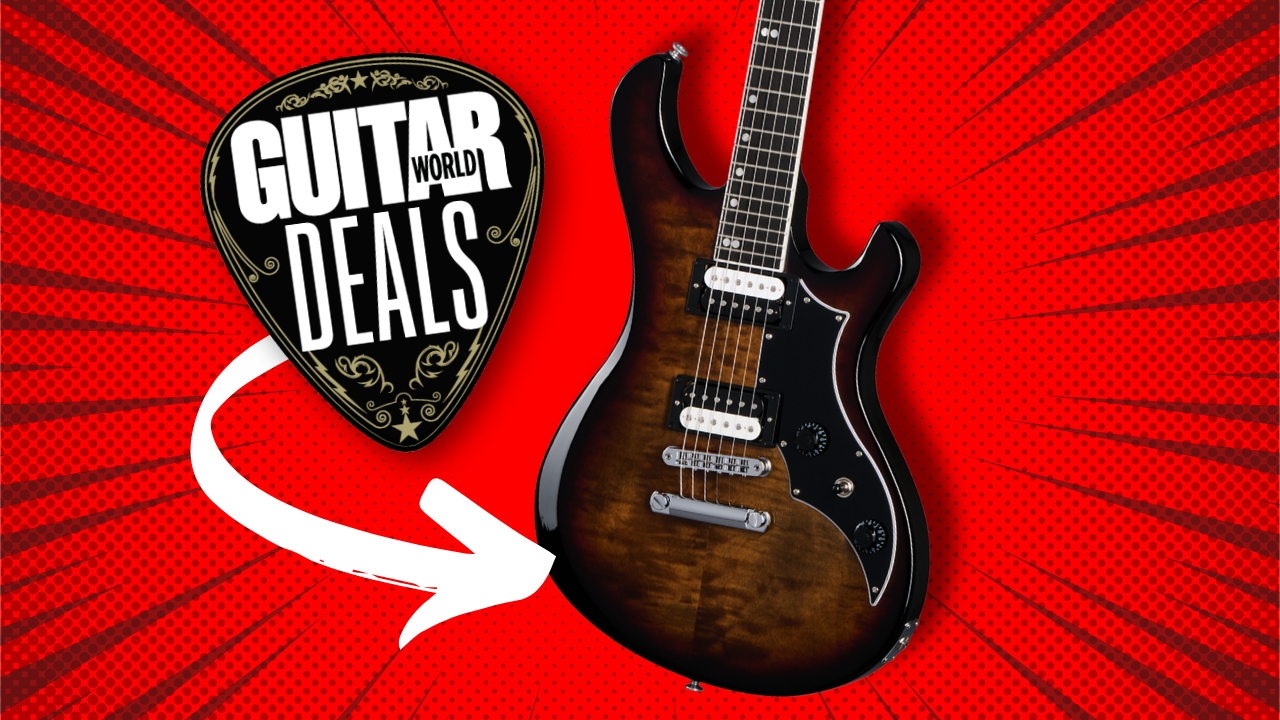 A Gibson Victory Figured electric guitar on a red background with the Guitar World deals logo