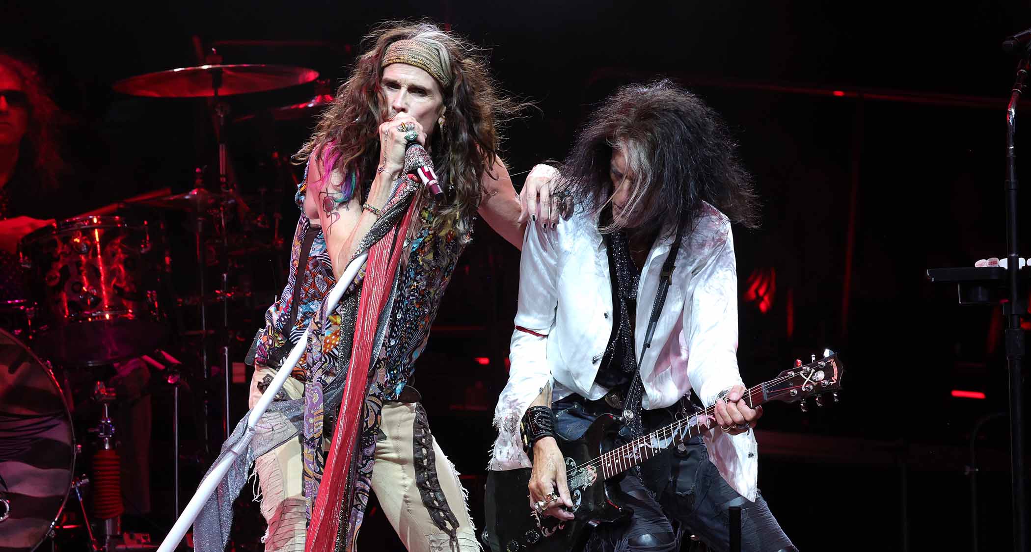 Joe Perry and Steven Tyler onstage with Aerosmith in 2023.