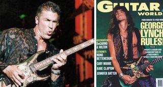 George Lynch onstage with his custom Haji ESP &ndash; and on the cover of GW's November 1990 issue.