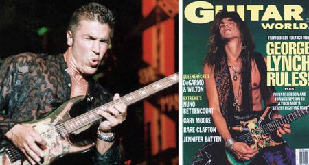 George Lynch onstage with his custom Haji ESP &ndash; and on the cover of GW's November 1990 issue.